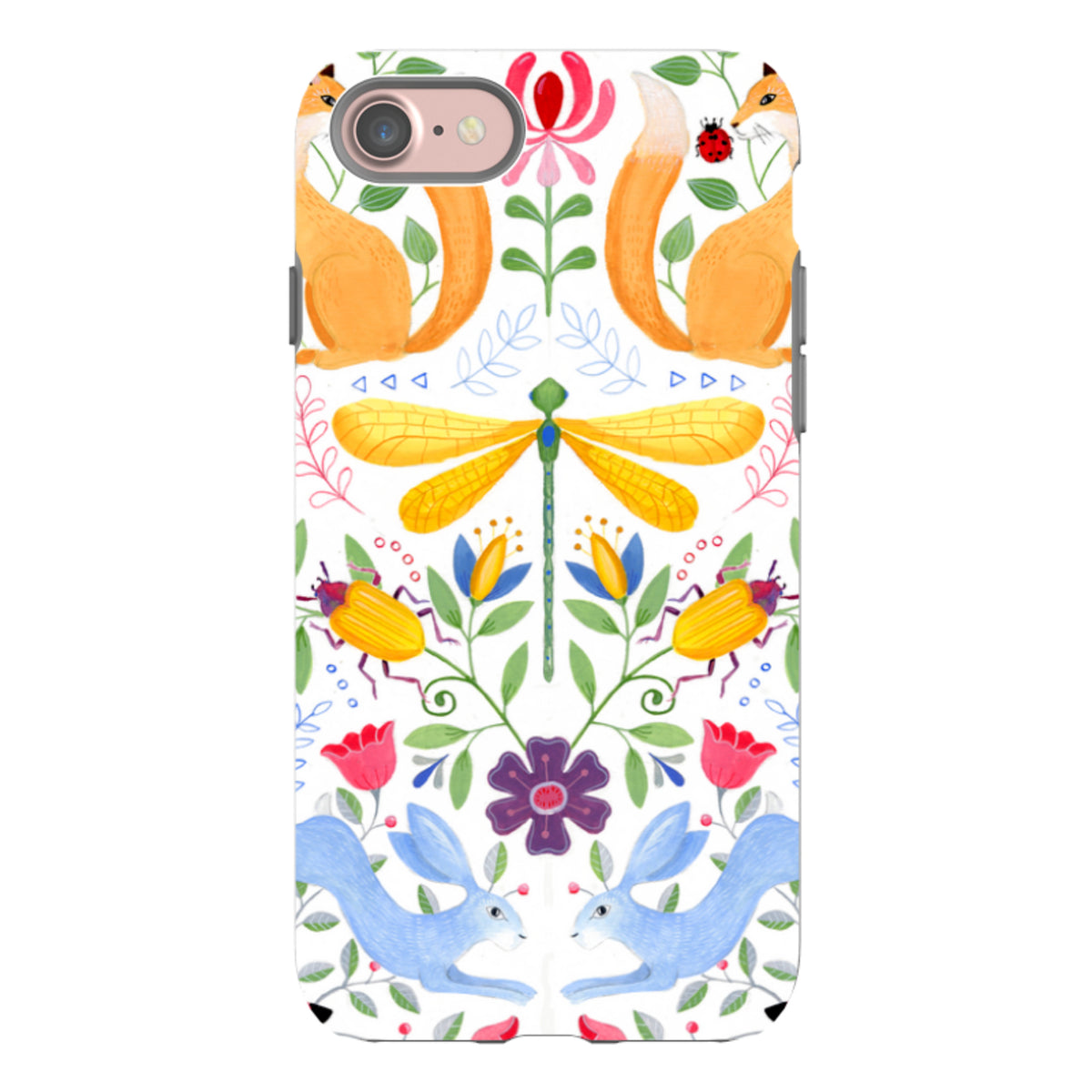 iPhone tough case featuring a white background with colorful folk art foxes, rabbits, a dragonfly, and floral patterns.