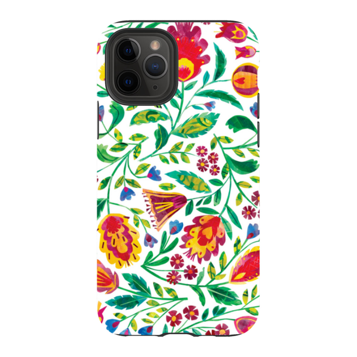 iPhone tough case featuring Tracey English’s colorful folk floral pattern with red, yellow, and green botanical art.