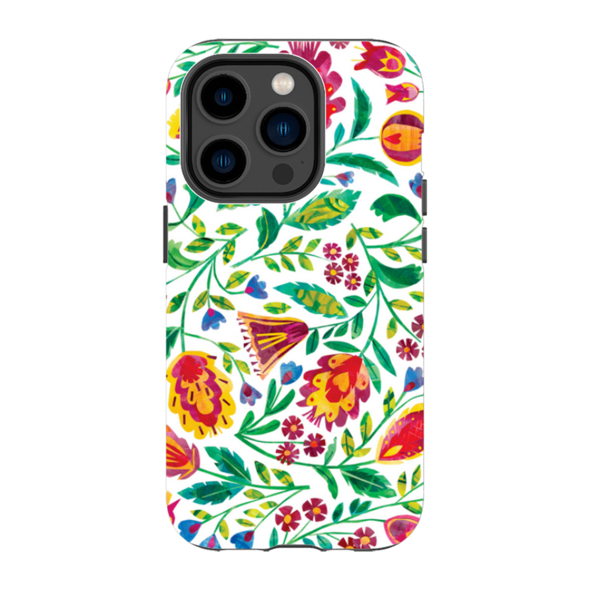 iPhone tough case featuring a colorful folk art floral pattern with vibrant red, yellow, and green botanical designs.