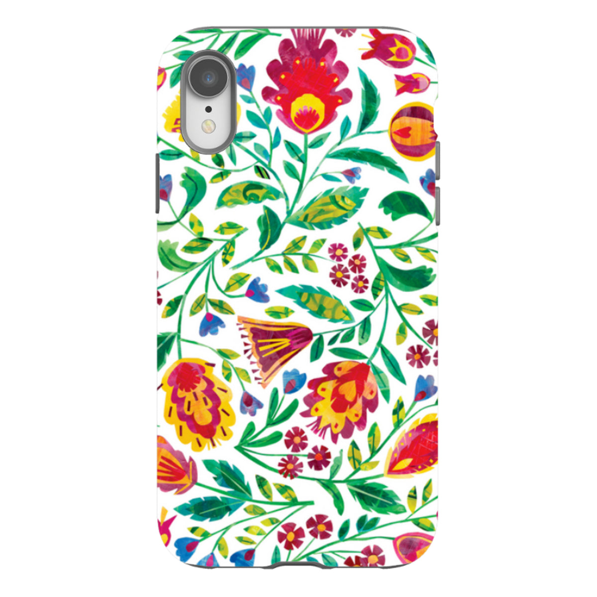 iPhone tough case featuring a colorful folk art floral pattern with red, yellow, and green botanical illustrations.