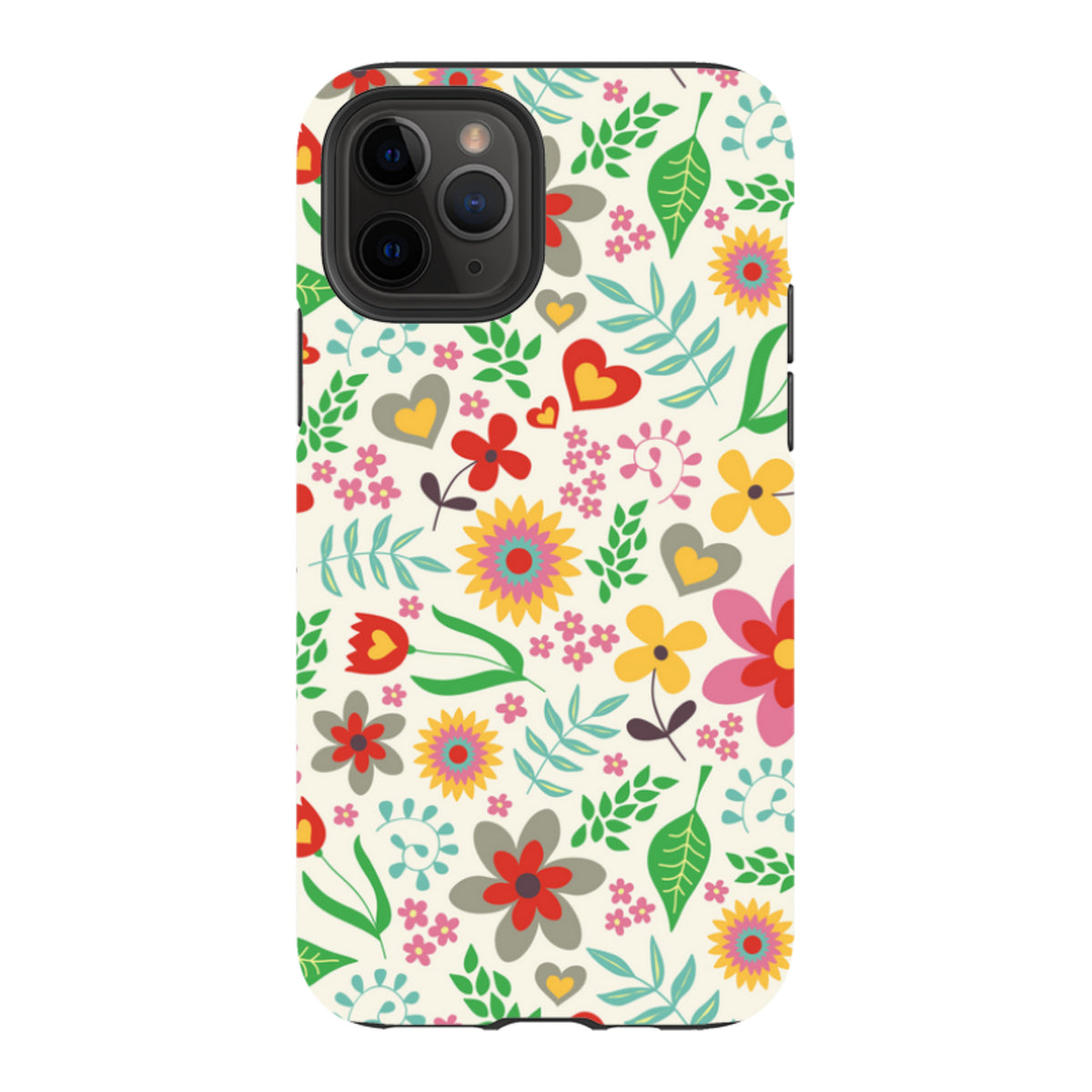 iPhone tough case with a cream background featuring a colorful folky floral and heart pattern by Suzy Taylor.