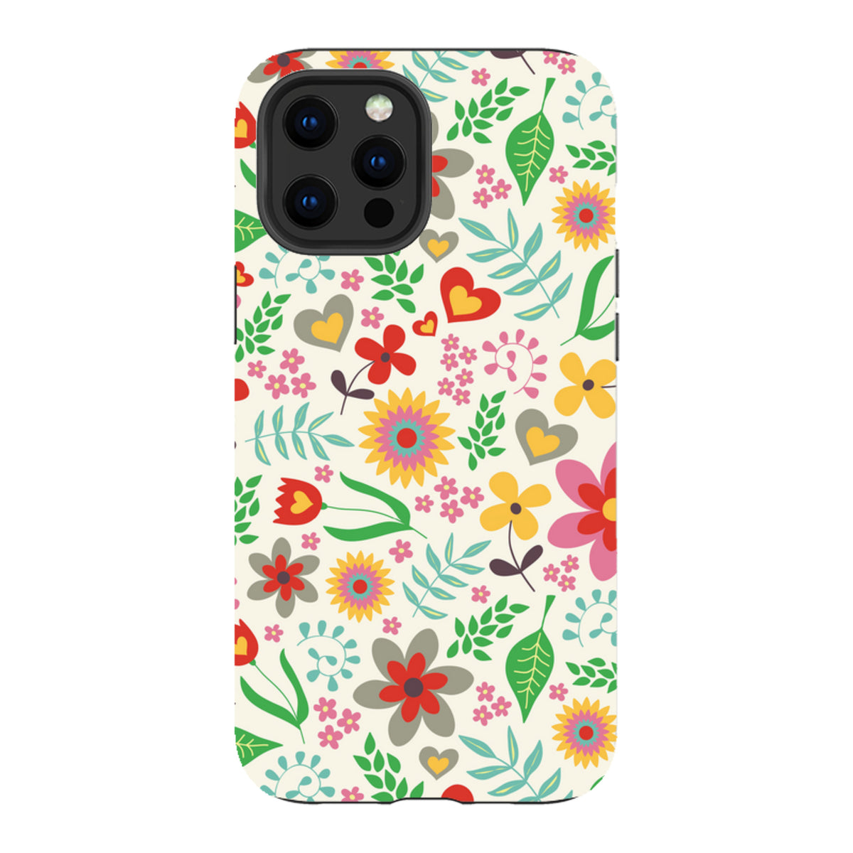 iPhone tough case featuring a colorful folky floral pattern with hearts, leaves, and flowers on a cream background.