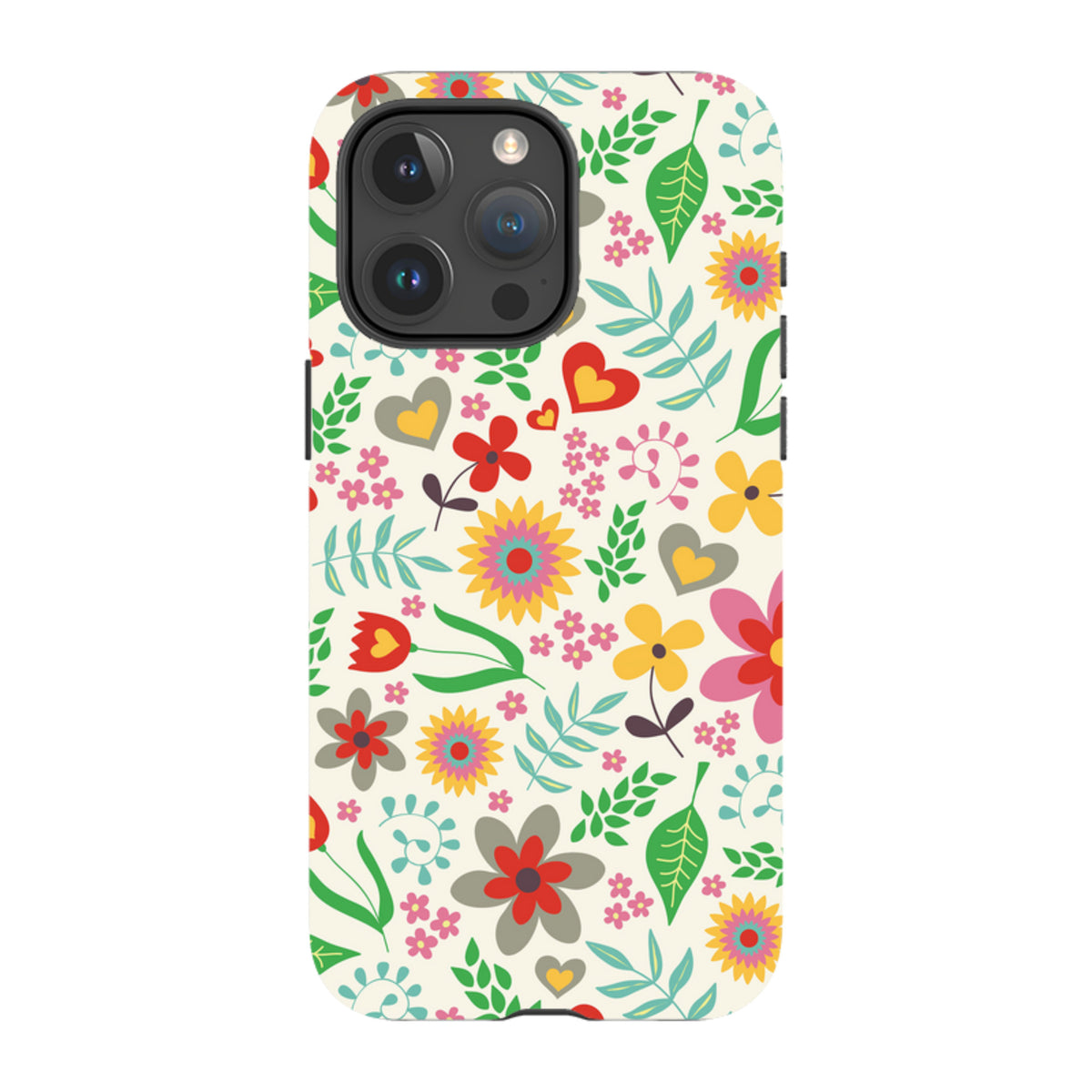 iPhone tough case with a cream background featuring a colorful folky floral and heart pattern by Suzy Taylor.