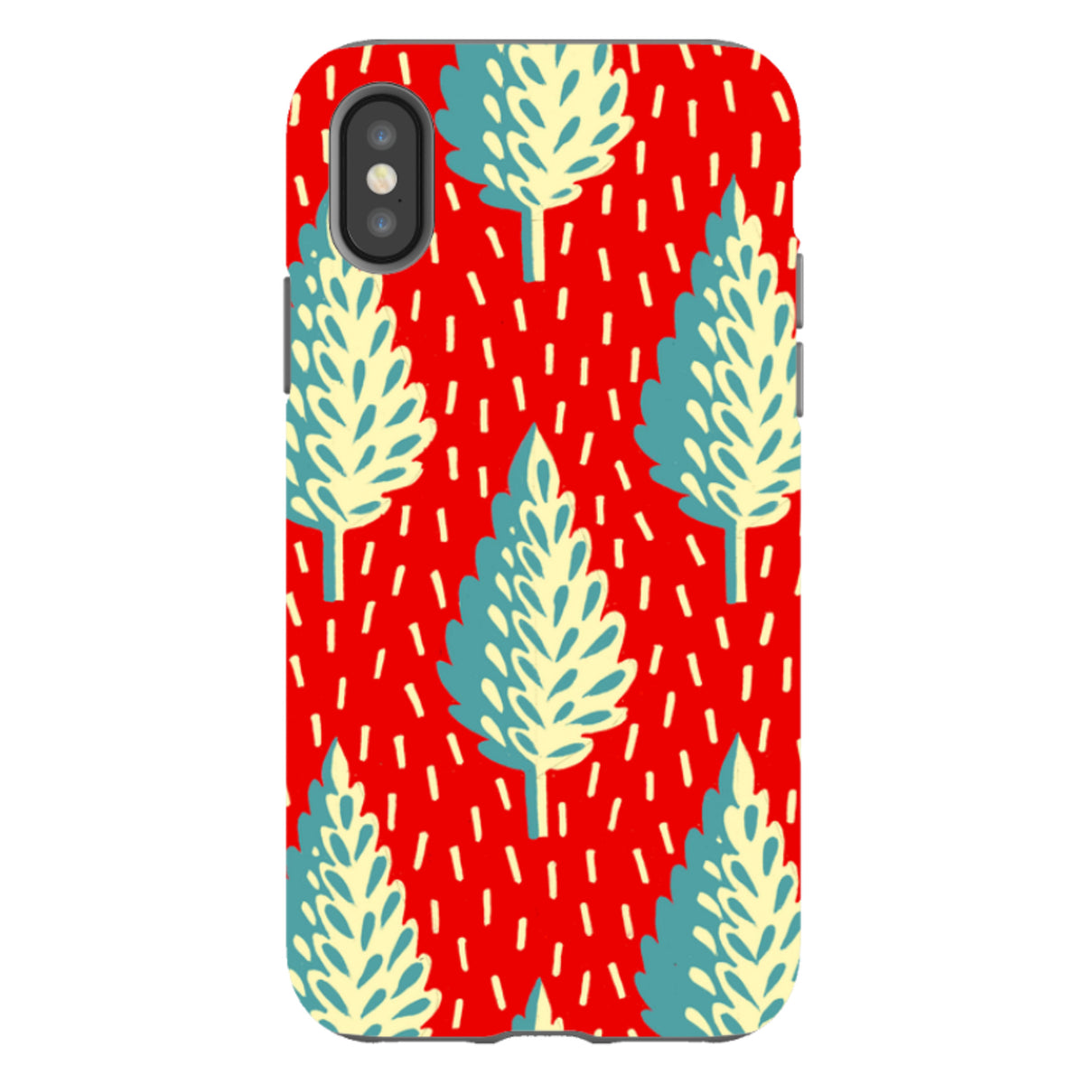 iPhone tough case featuring a red background with a repeating pattern of stylized blue and cream forest trees.