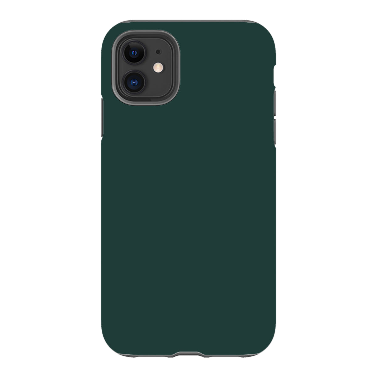 Forest green dual-layer iPhone tough case with a shock-absorbing liner and precise camera cutouts.