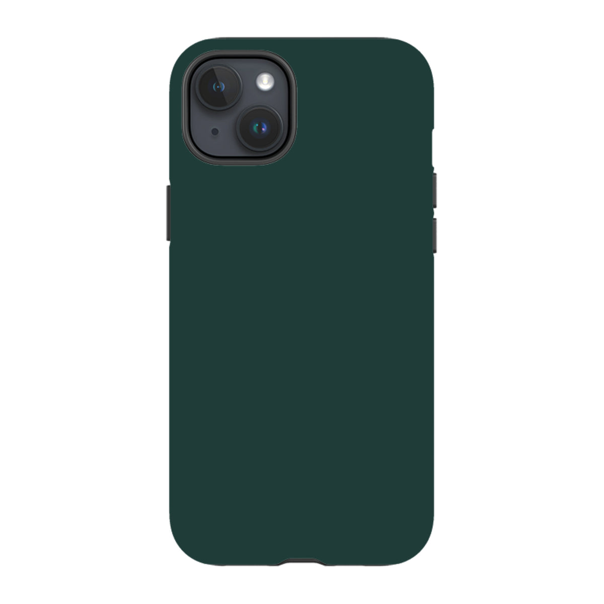 Forest green dual-layer iPhone tough case with a smooth finish, raised camera bezel, and precise port cutouts.