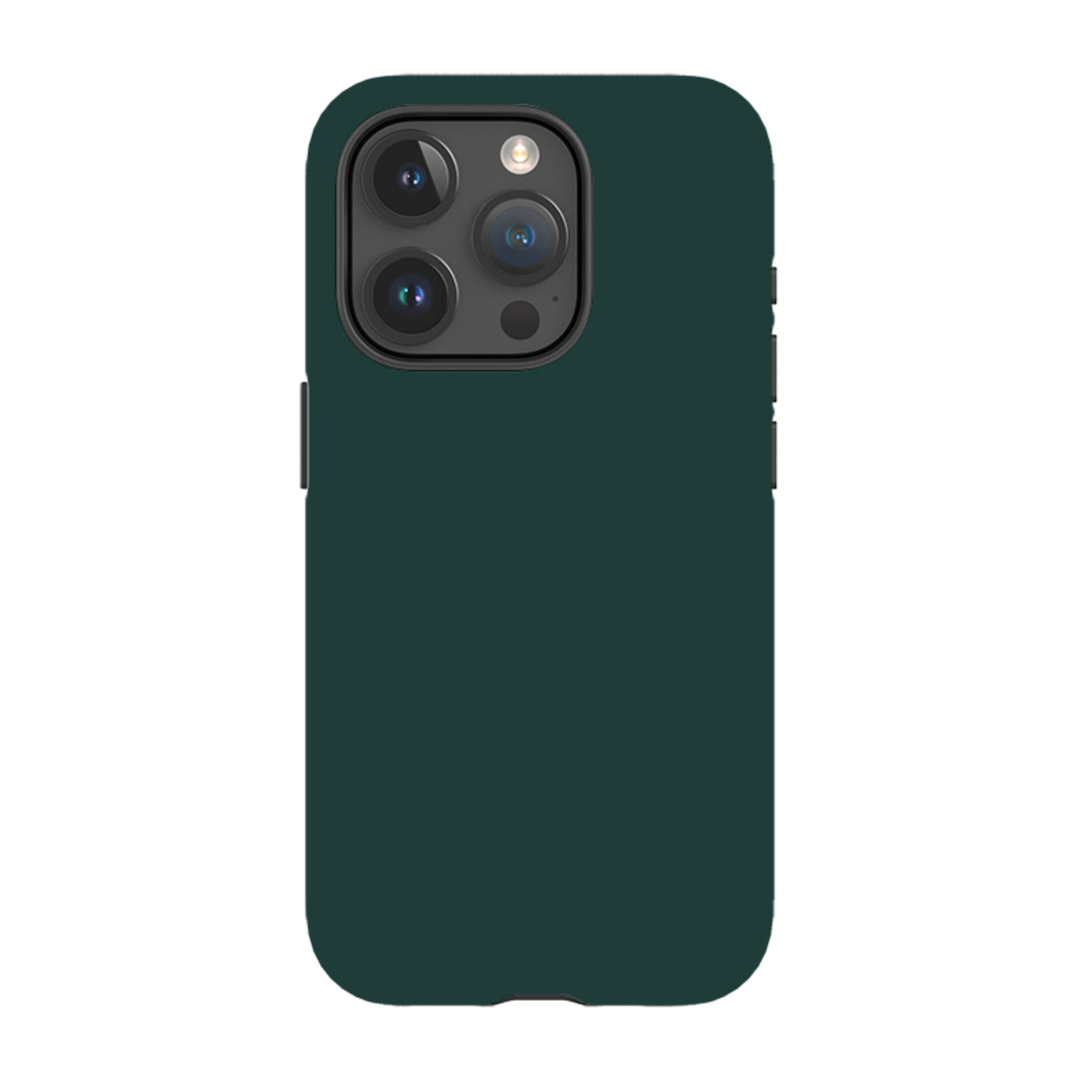 Forest green iPhone tough case with a dual-layer design, raised camera protection, and precise cutouts for buttons.