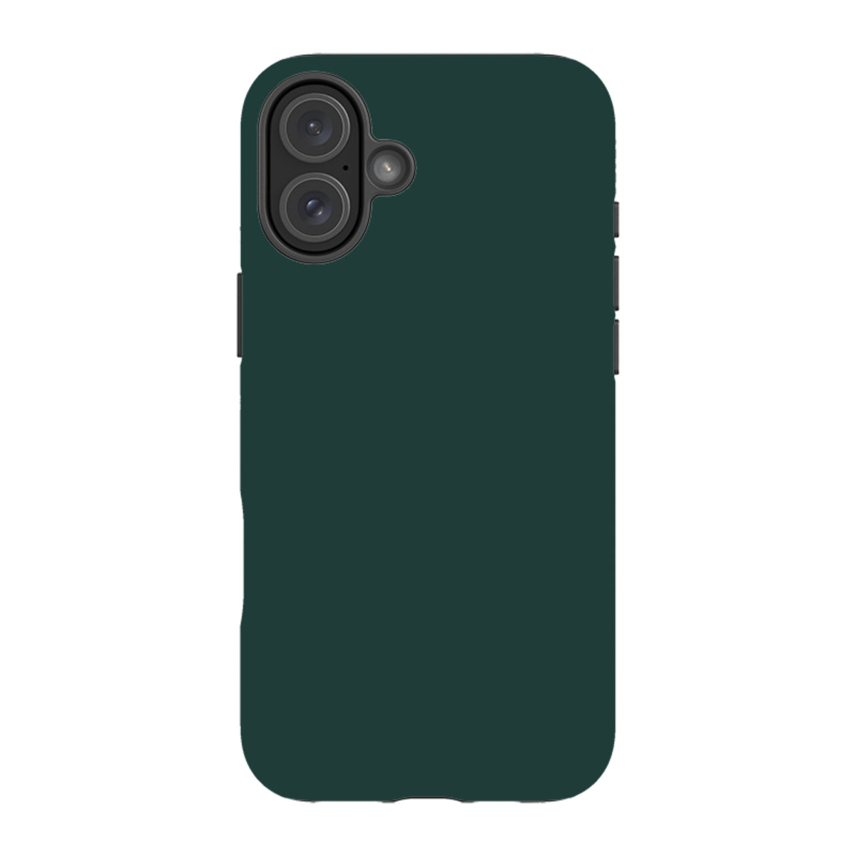 Forest green dual-layer iPhone tough case with a smooth finish, raised camera bezel, and precise cutouts.