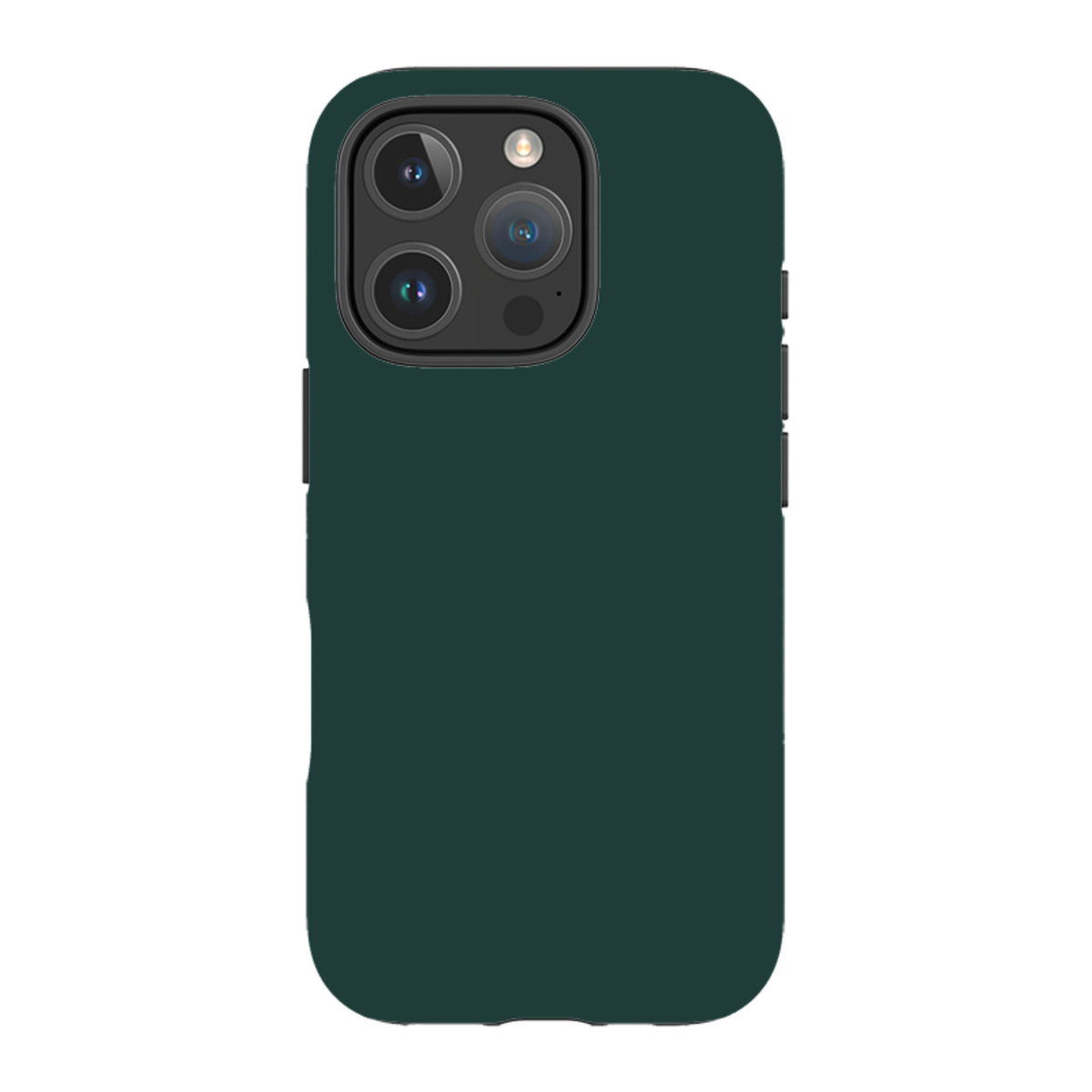 Forest green iPhone tough case with a dual-layer design, raised camera bezel, and precise cutouts for buttons and ports.