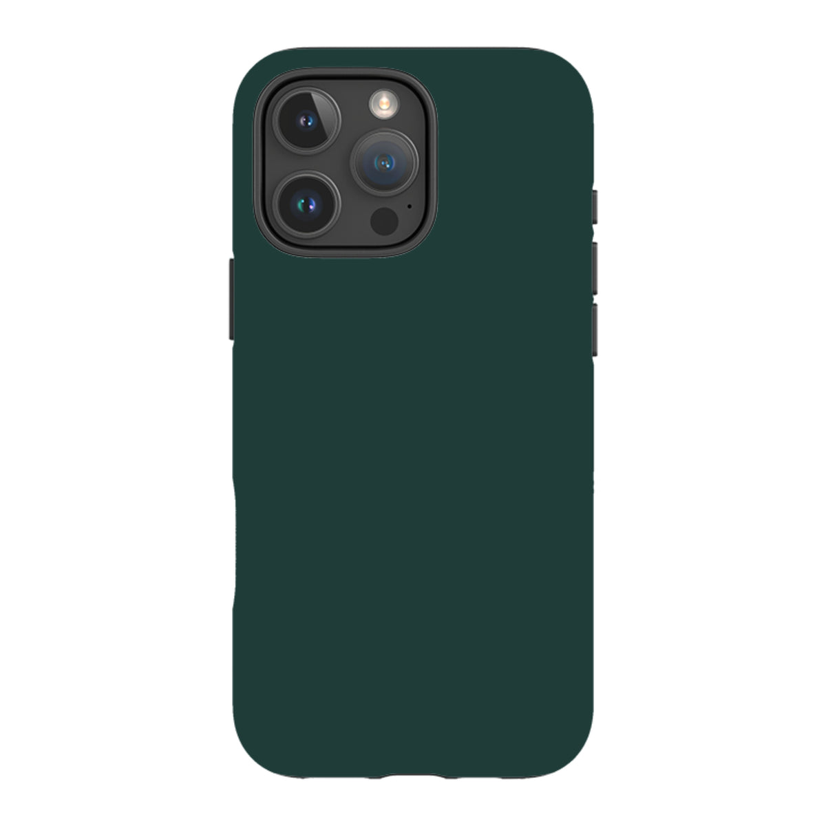 Forest green dual-layer iPhone tough case with a sleek, minimalist design and protective camera cutout.