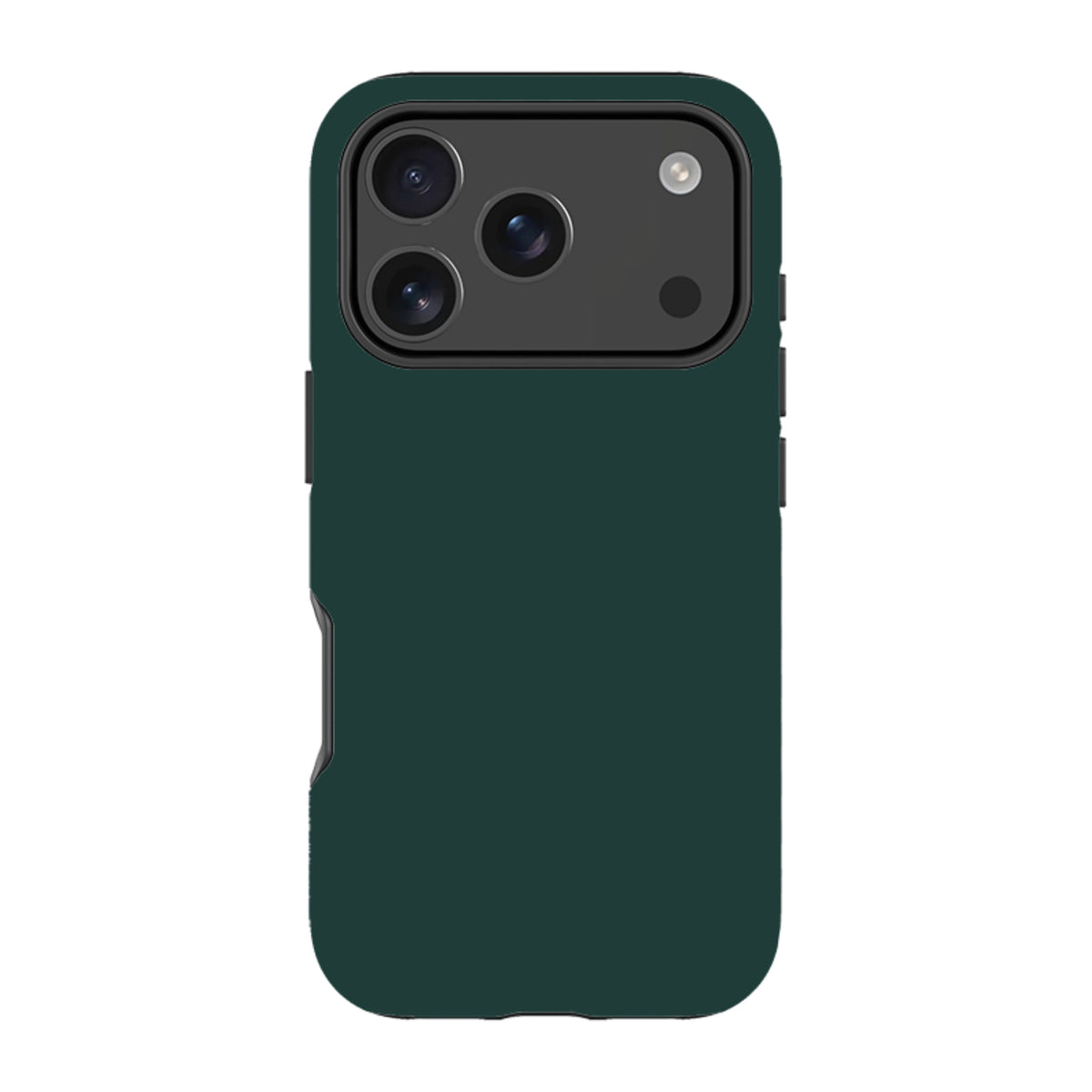 Forest green dual-layer iPhone tough case with a protective camera cutout and shock-absorbing design.