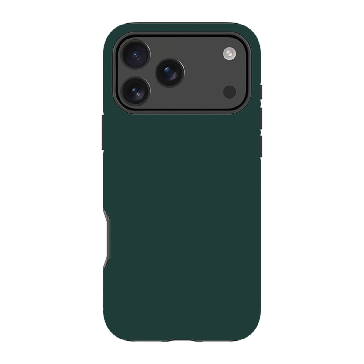 Forest green dual-layer iPhone tough case with a protective camera cutout and shock-absorbing design.