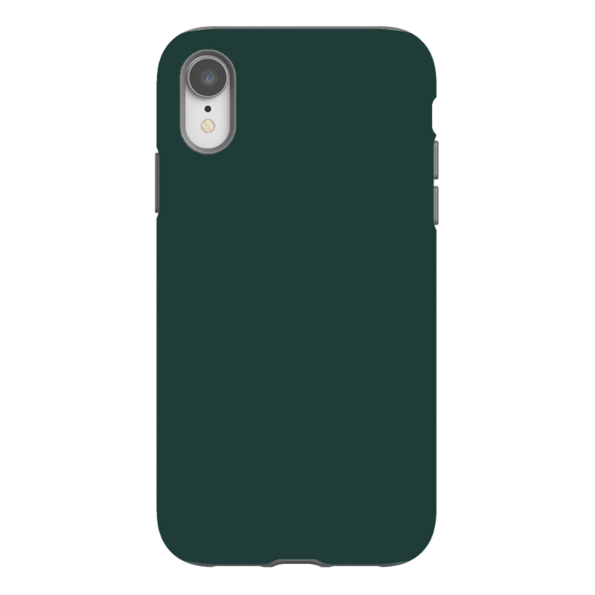 Forest green dual-layer iPhone tough case with a smooth finish, camera cutout, and protective shock-absorbing design.