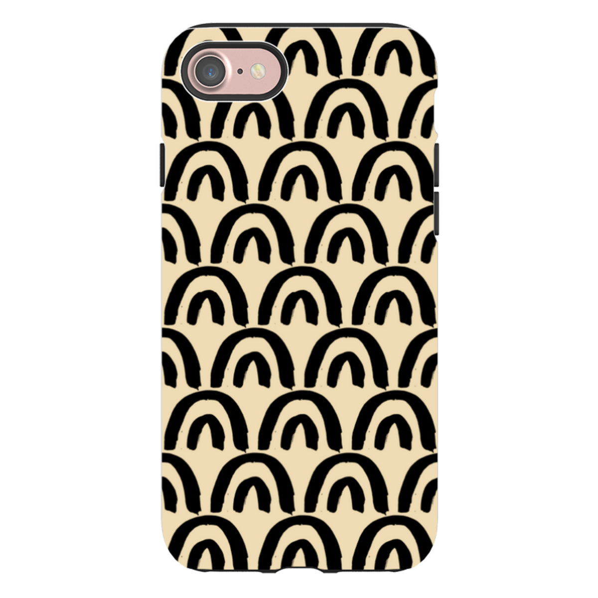 iPhone Tough Case featuring a black hand-drawn arch pattern on a cream background with dual-layer protective design.