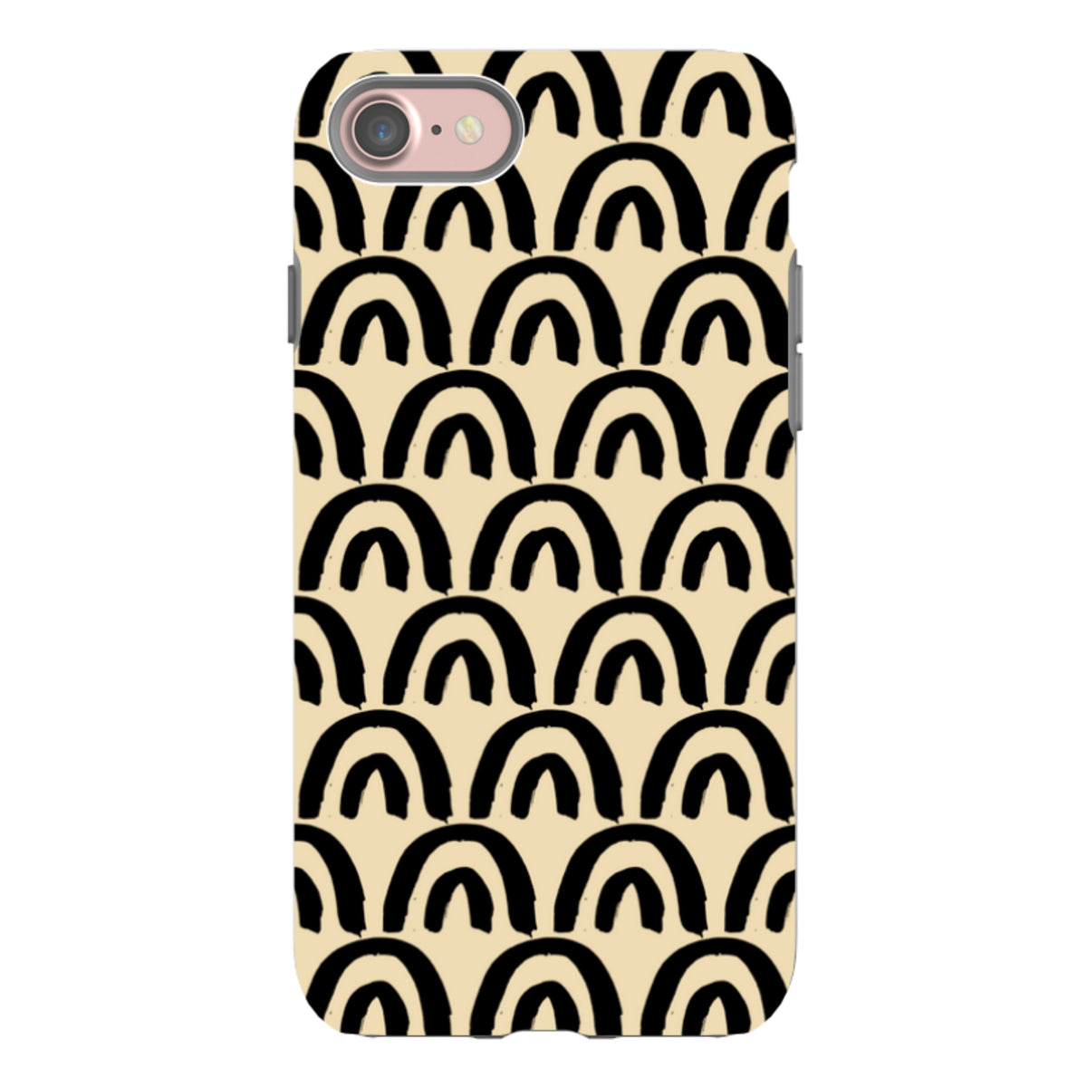 Dual-layer iPhone tough case with a beige background and black hand-drawn arch pattern, featuring a protective camera cutout.