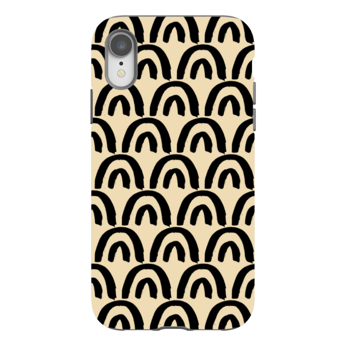 iPhone tough case with a cream background and a repeating black hand-drawn arch pattern for dual-layer protection.