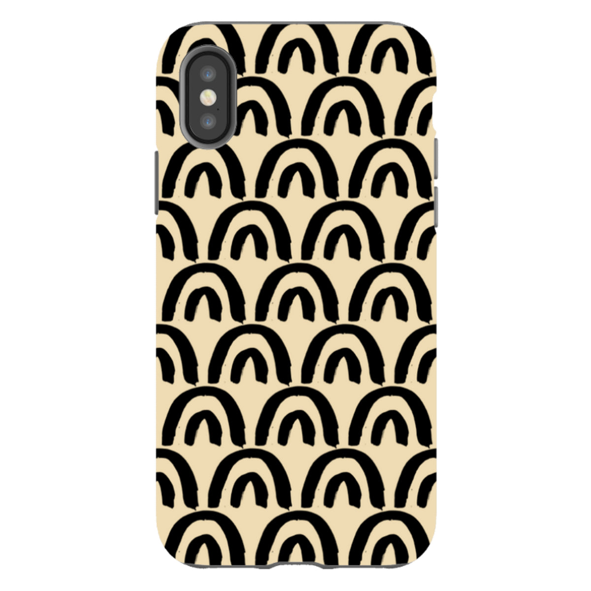 iPhone Tough Case featuring a black hand-drawn arch pattern on a cream background with dual-layer protective design.