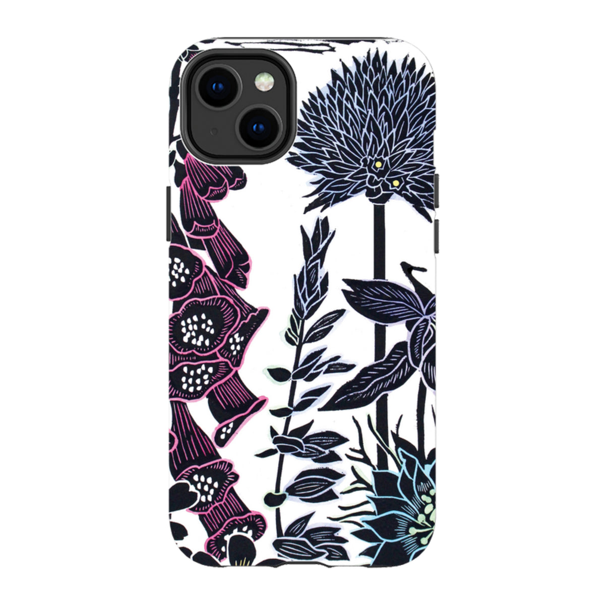 iPhone tough case featuring Kate Heiss Foxgloves floral art in black, white, and pink with dual-layer protective design.
