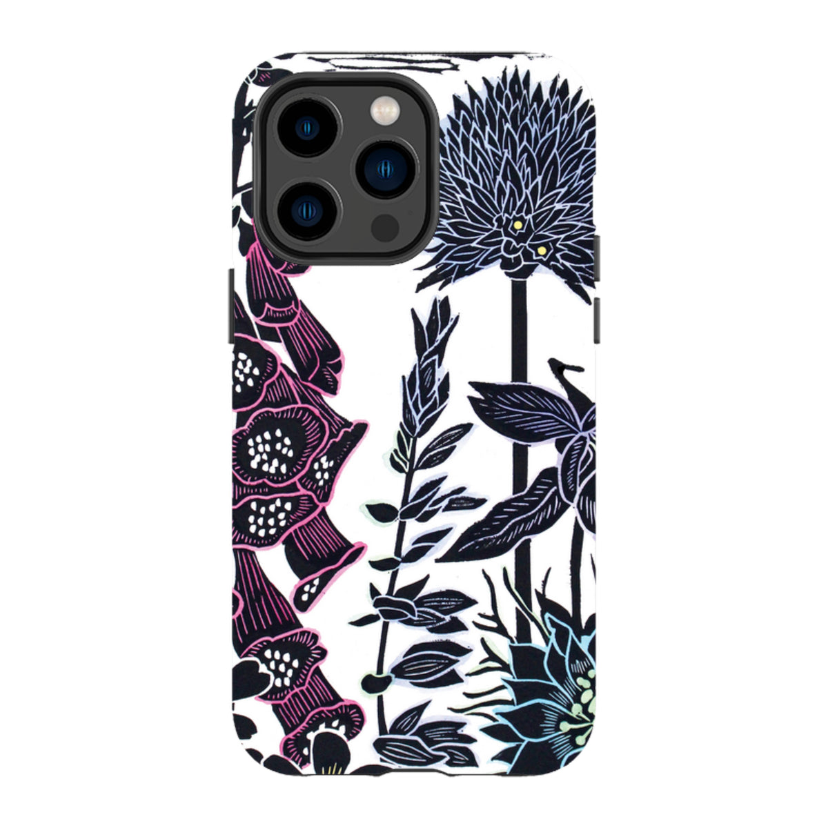 iPhone tough case featuring Kate Heiss foxglove floral art in black, white, and pink with a dual-layer protective design.