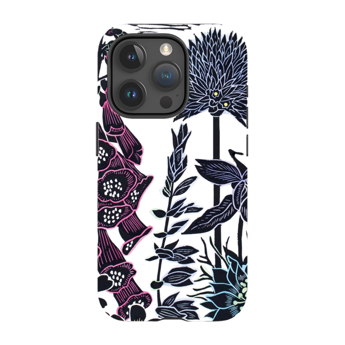 iPhone Tough Case featuring Kate Heiss Foxgloves floral art with black, pink, and white botanical illustrations.