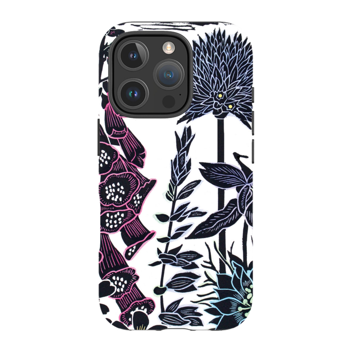 iPhone tough case featuring Kate Heiss foxglove floral art in black, white, and pink on a dual-layer protective shell.