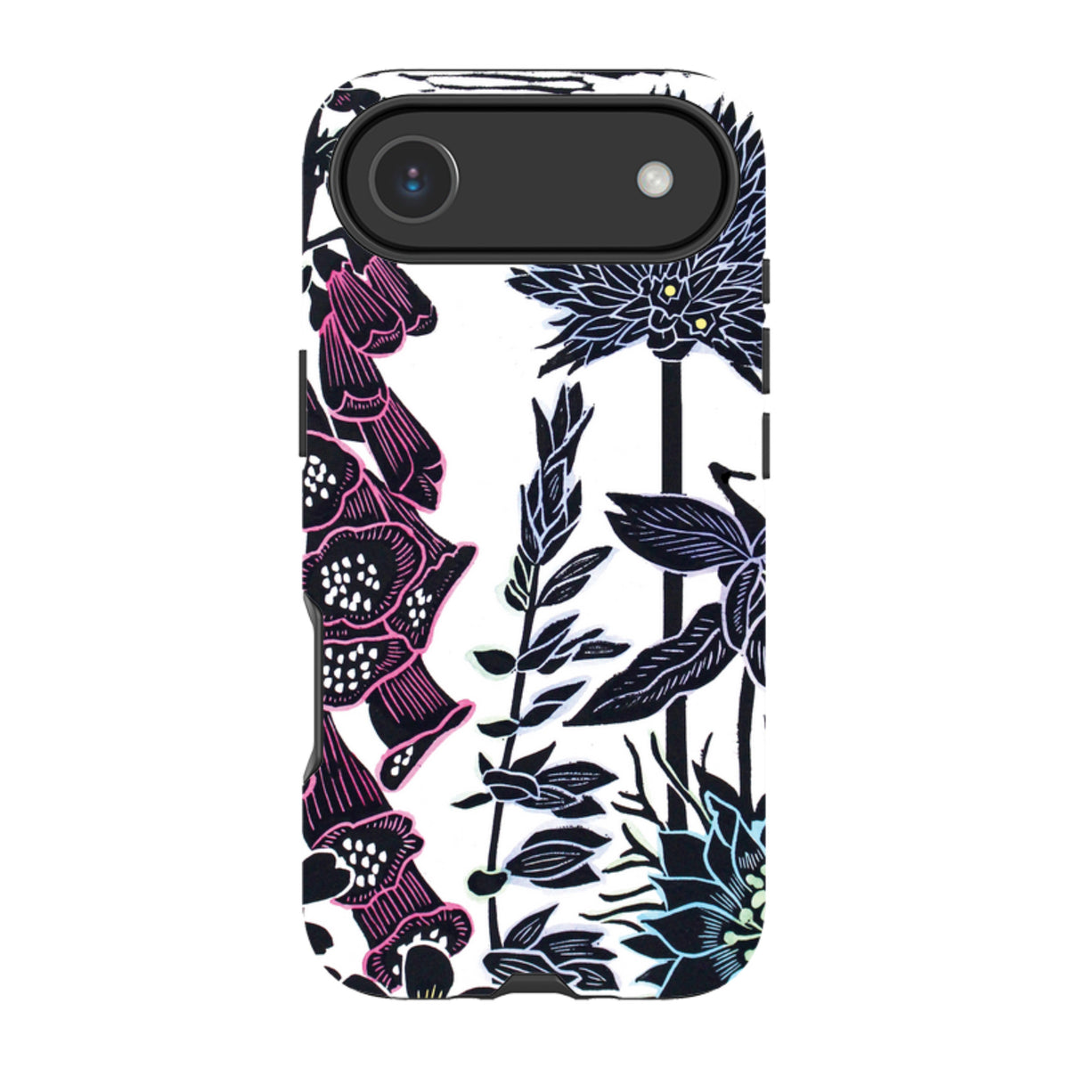 iPhone tough case featuring Kate Heiss foxglove floral art in black, white, and pink with a durable dual-layer design.