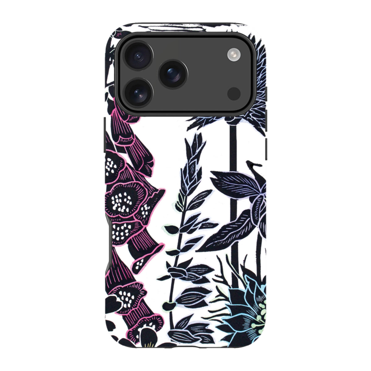 Dual-layer iPhone tough case featuring Kate Heiss's black, white, and pink foxglove floral print with a protective camera cutout.