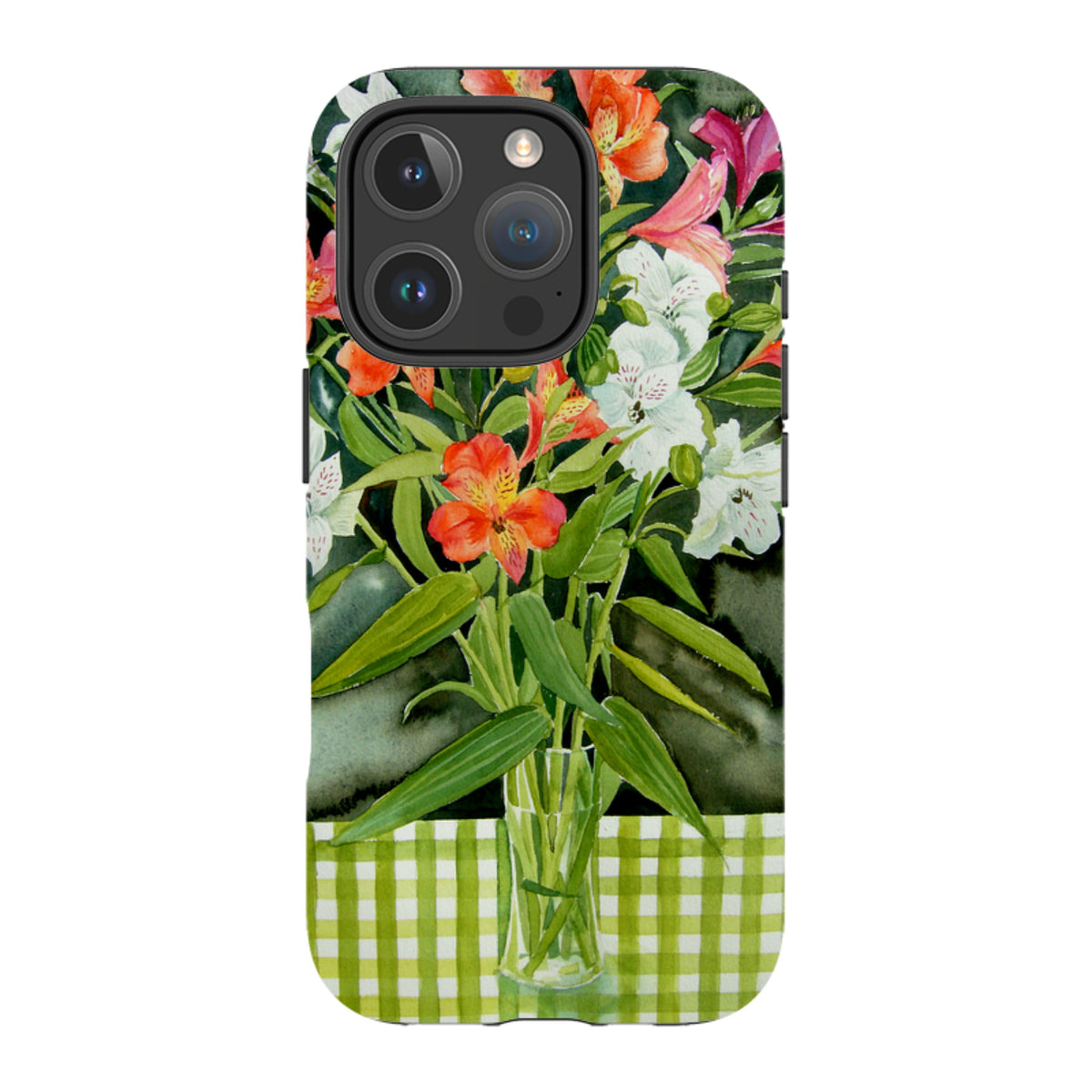 iPhone tough case featuring a watercolor bouquet of orange and white freesias in a glass vase on a green gingham cloth.