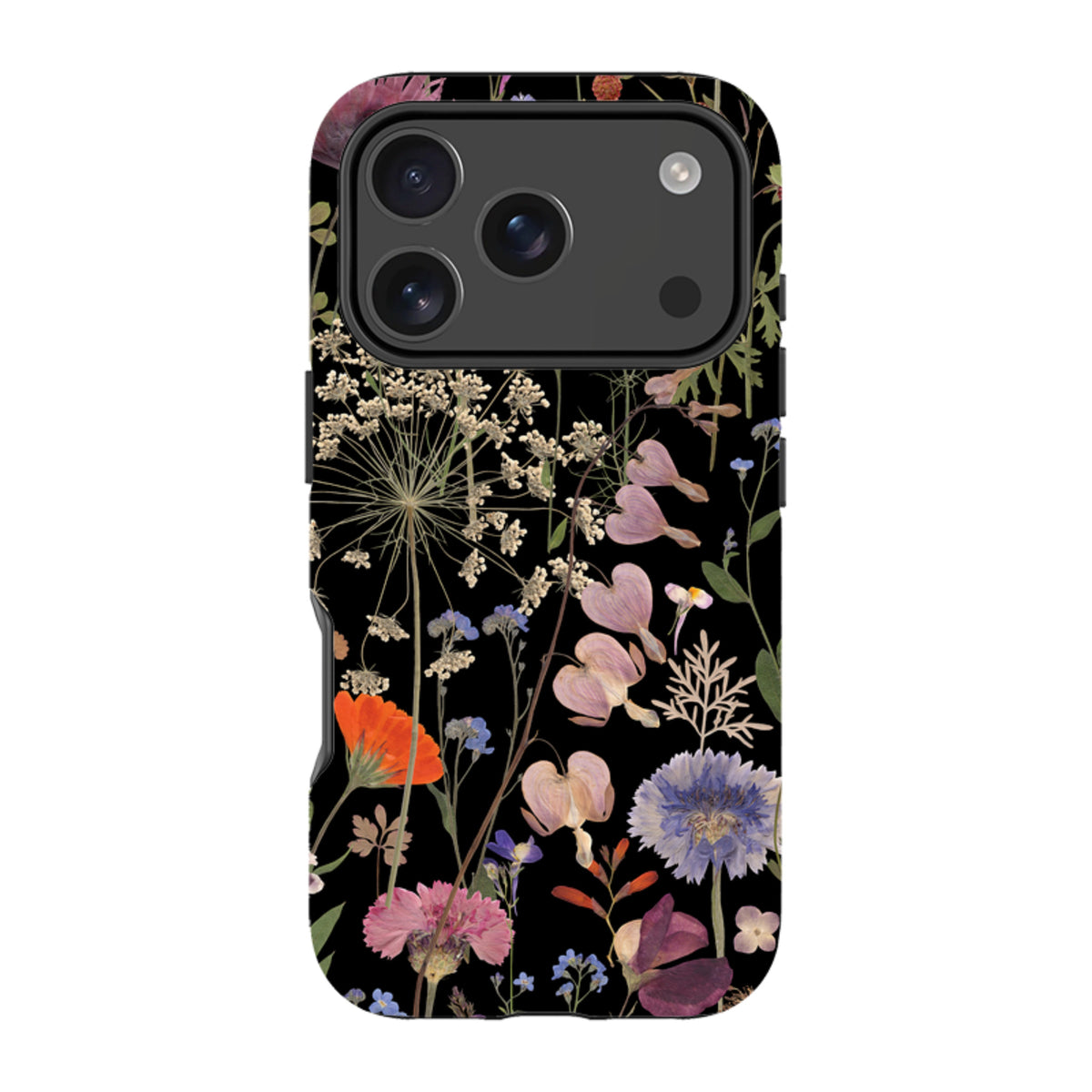 iPhone tough case with a black background and vibrant pressed flower art by Helen Ahpornsiri, featuring dual-layer protection.