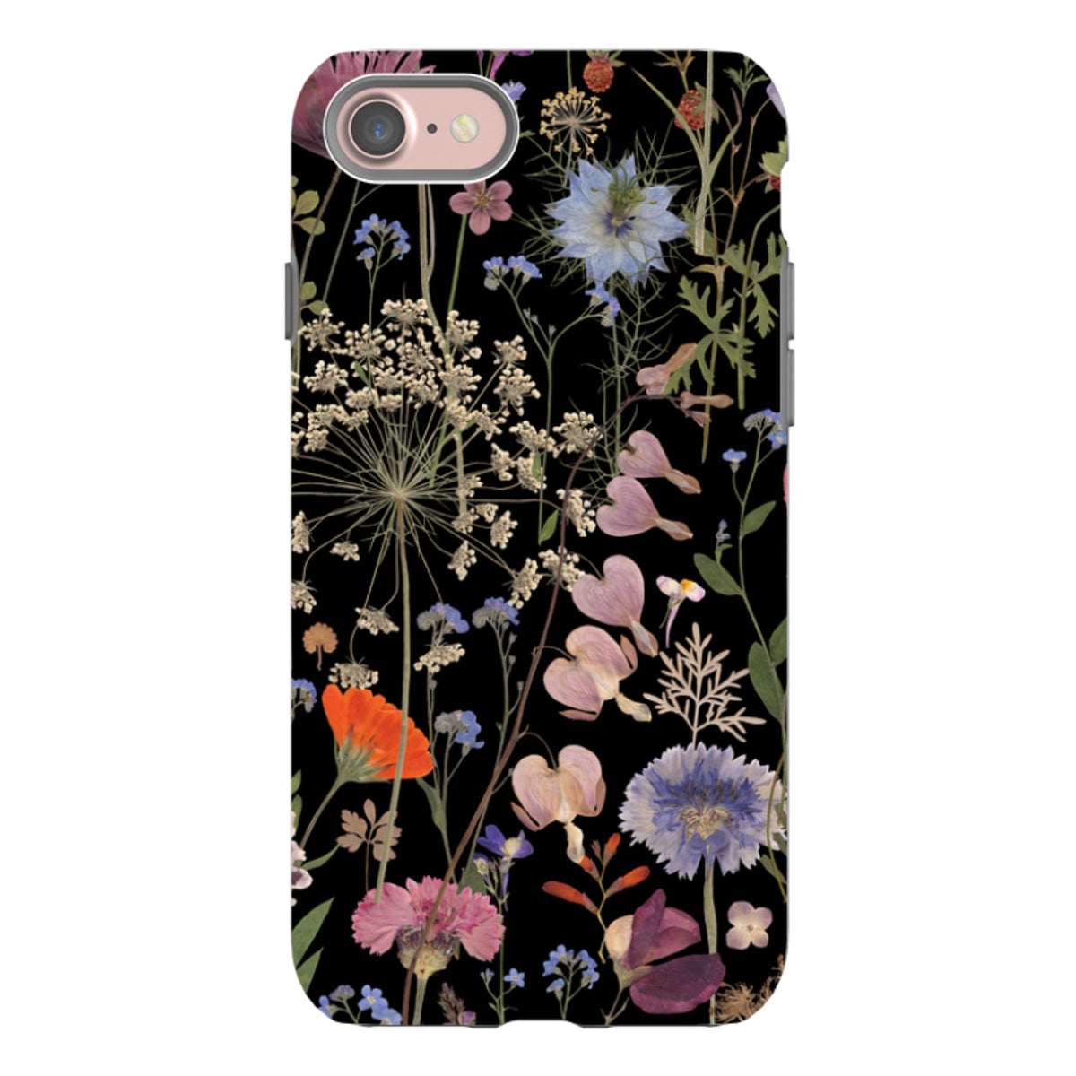 iPhone tough case with a black background featuring Helen Ahpornsiri's vibrant, high-definition pressed flower artwork.