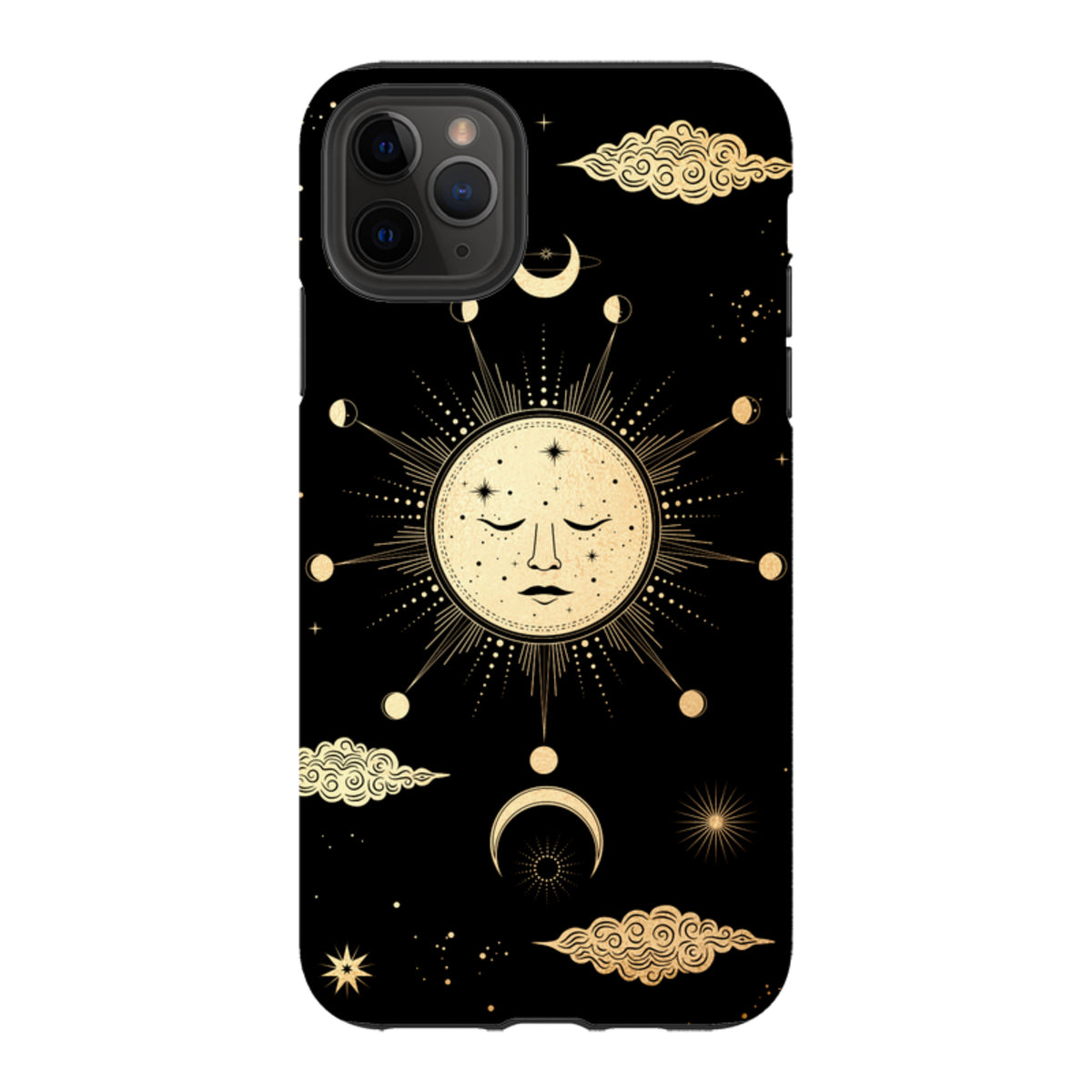 iPhone tough case featuring a gold celestial sun and moon design on a black background with protective dual-layer edges.