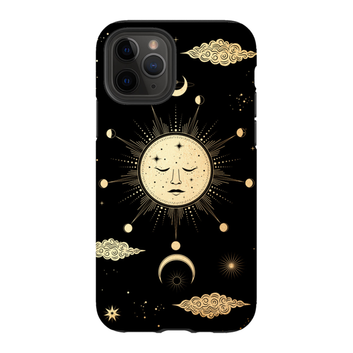 Black iPhone tough case featuring a celestial gold sun and moon design with stars and clouds on a dark background.