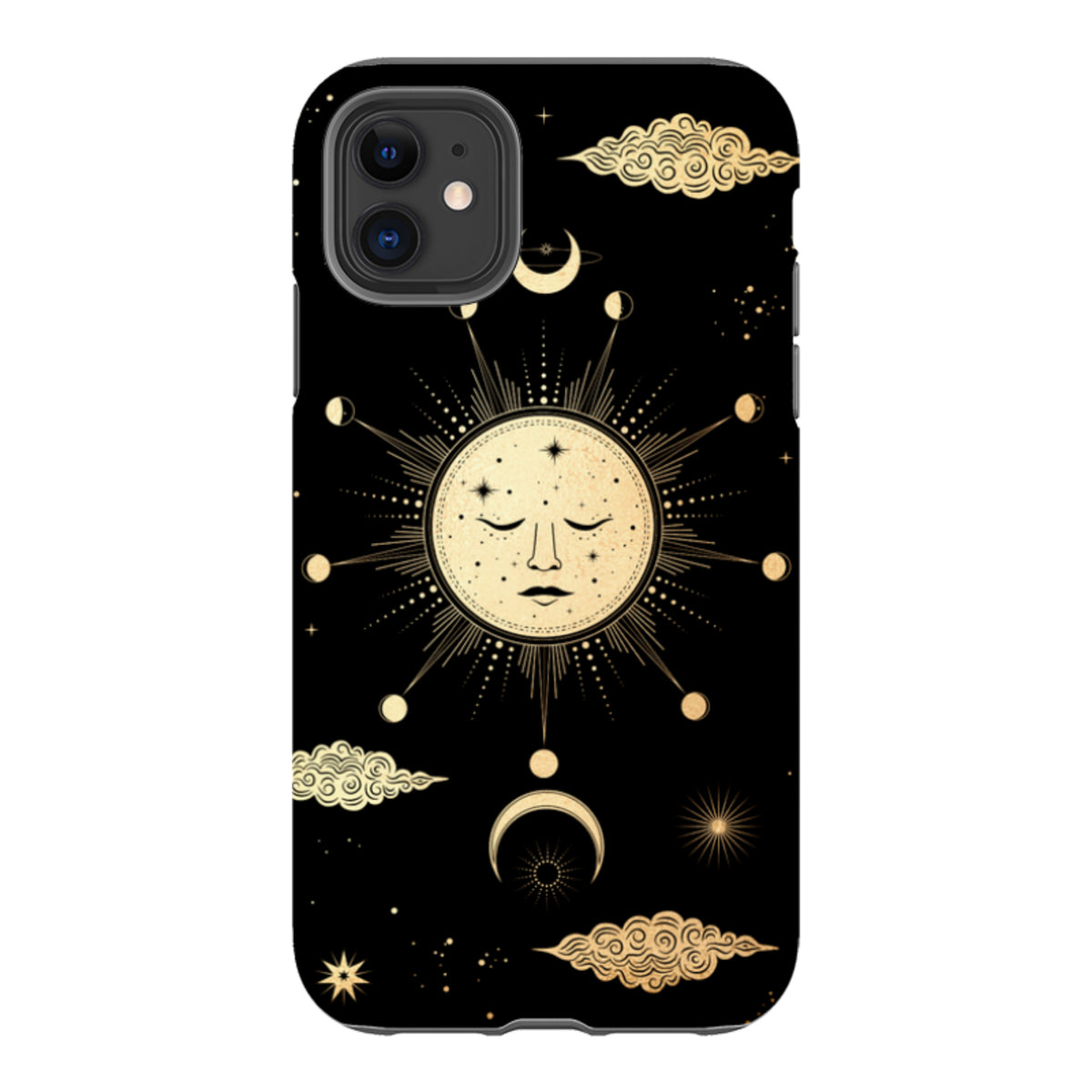 iPhone tough case featuring a celestial gold sun and moon design on a black background with dual-layer protection.