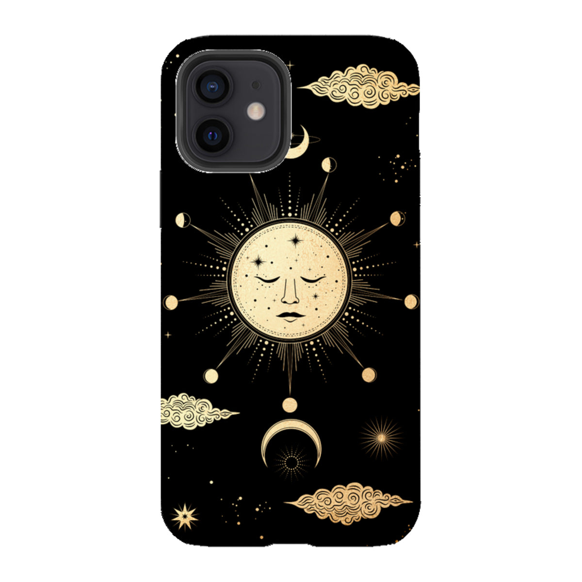 iPhone tough case with a celestial gold sun and moon design on a black background, featuring dual-layer protection.