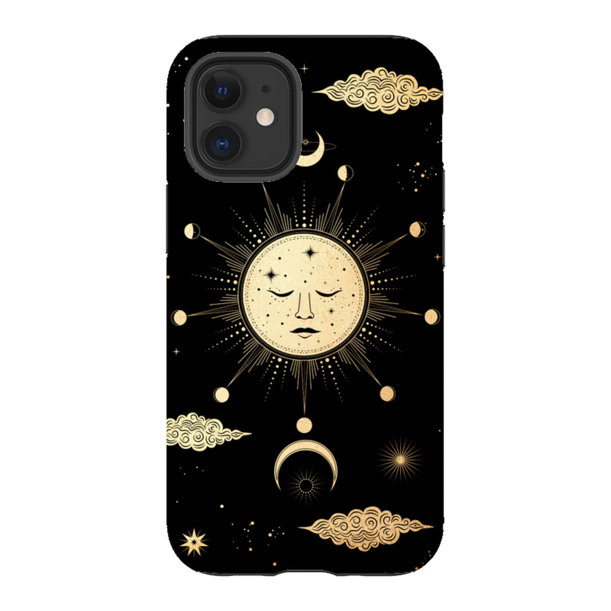 Black dual-layer iPhone case featuring a gold celestial sun, moon, and cloud design with a protective camera cutout.