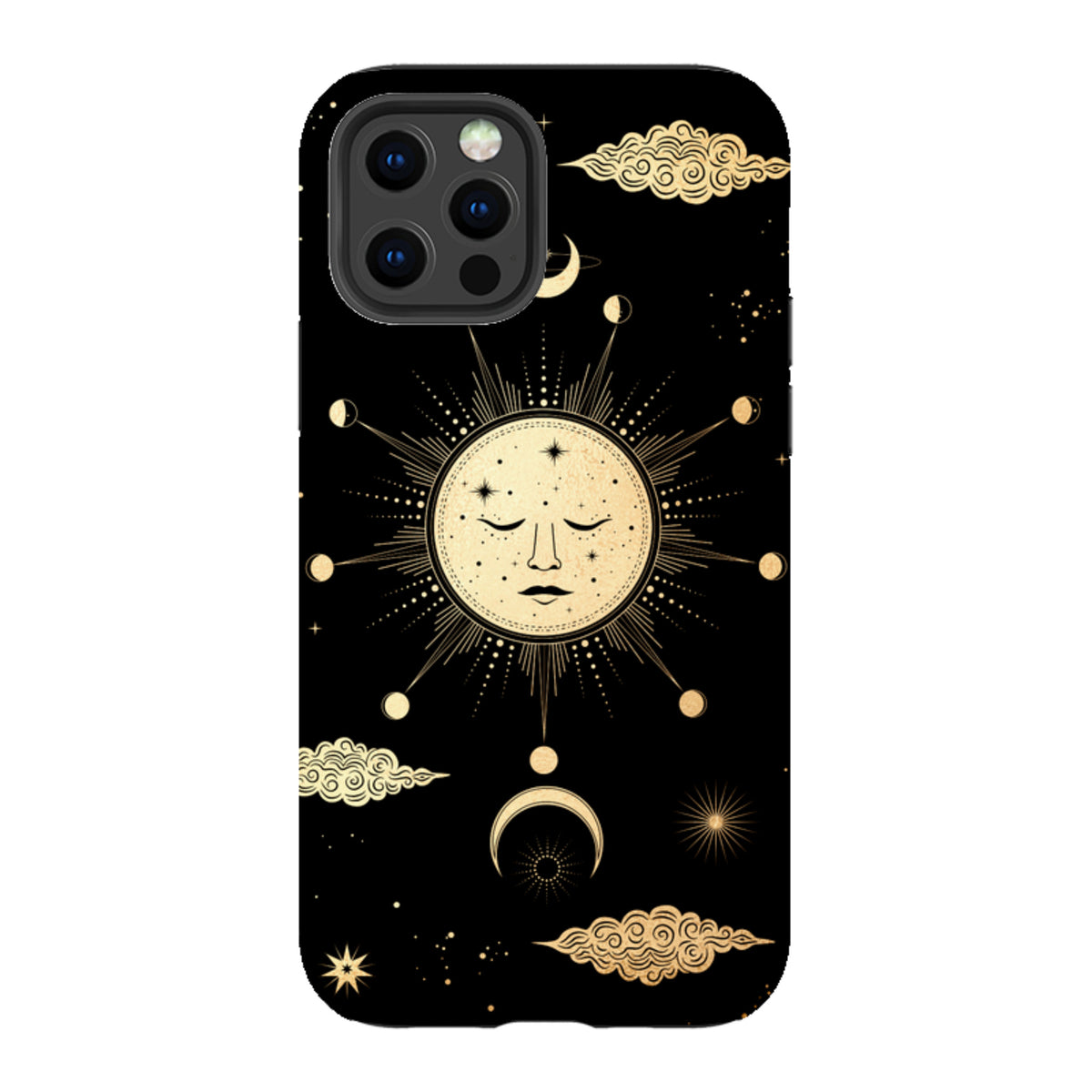 Dual-layer iPhone tough case with a black background and gold celestial sun, moon, and cloud art design.