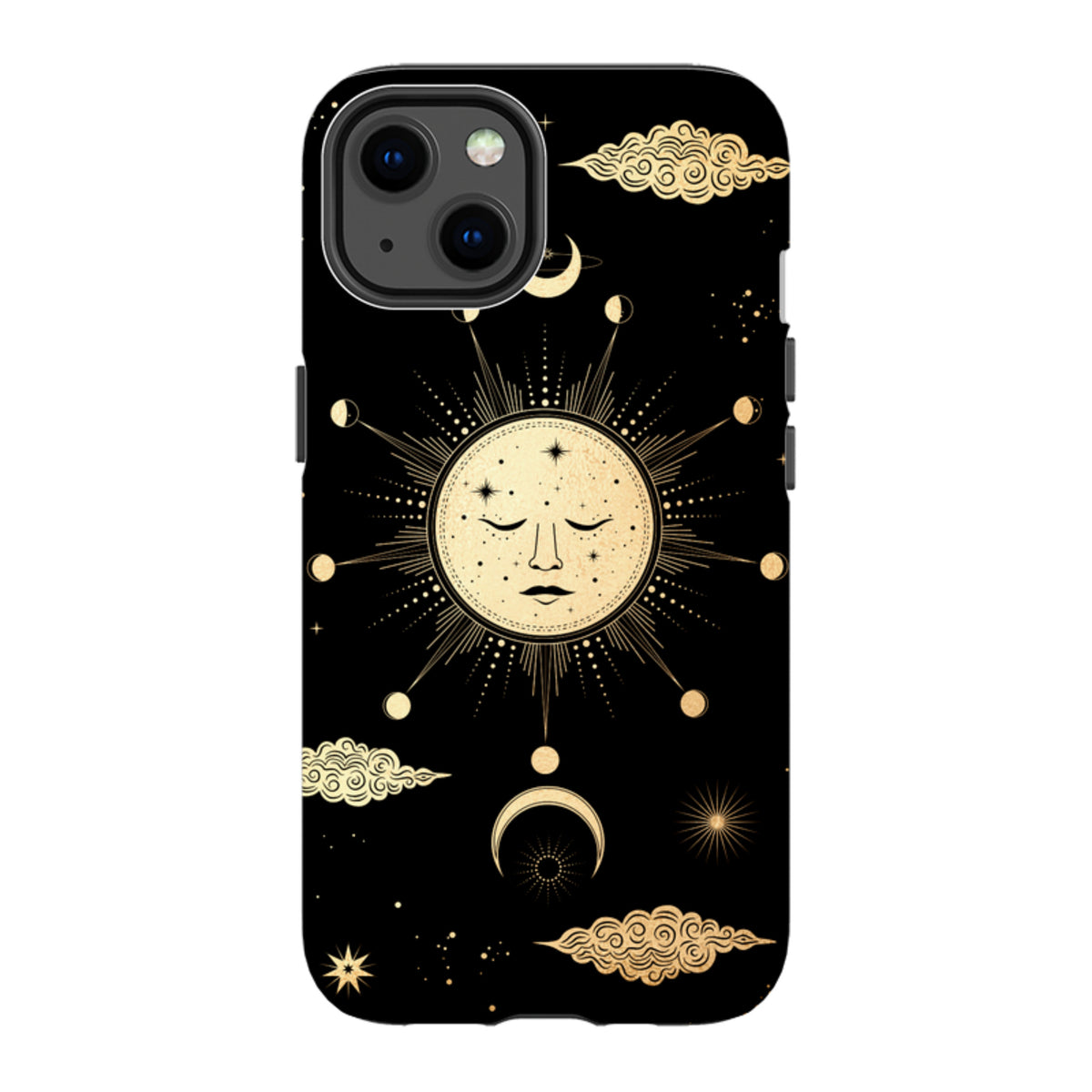 Dual-layer iPhone tough case featuring a gold celestial sun and moon art design on a black background.