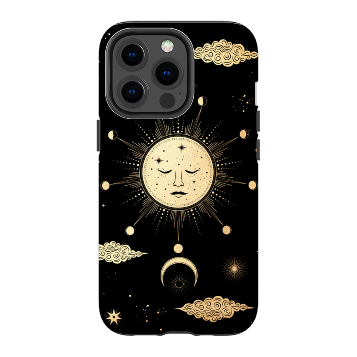 Black iPhone tough case featuring a celestial gold sun, moon, and cloud design with dual-layer protective construction.