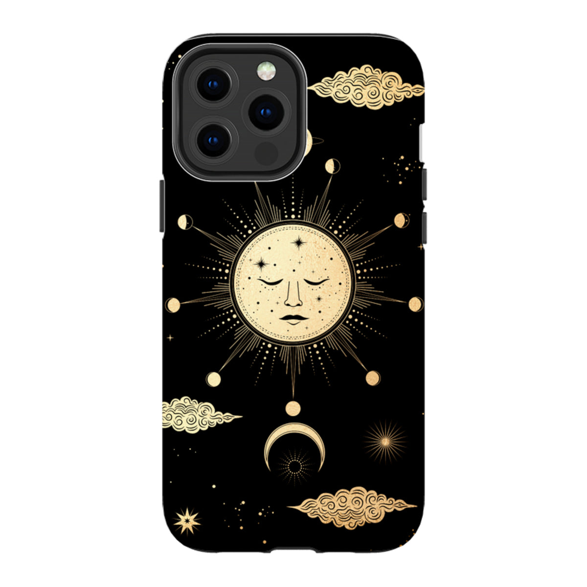 iPhone tough case with a black background featuring a gold celestial sun, moon, and clouds in a mystical art style.