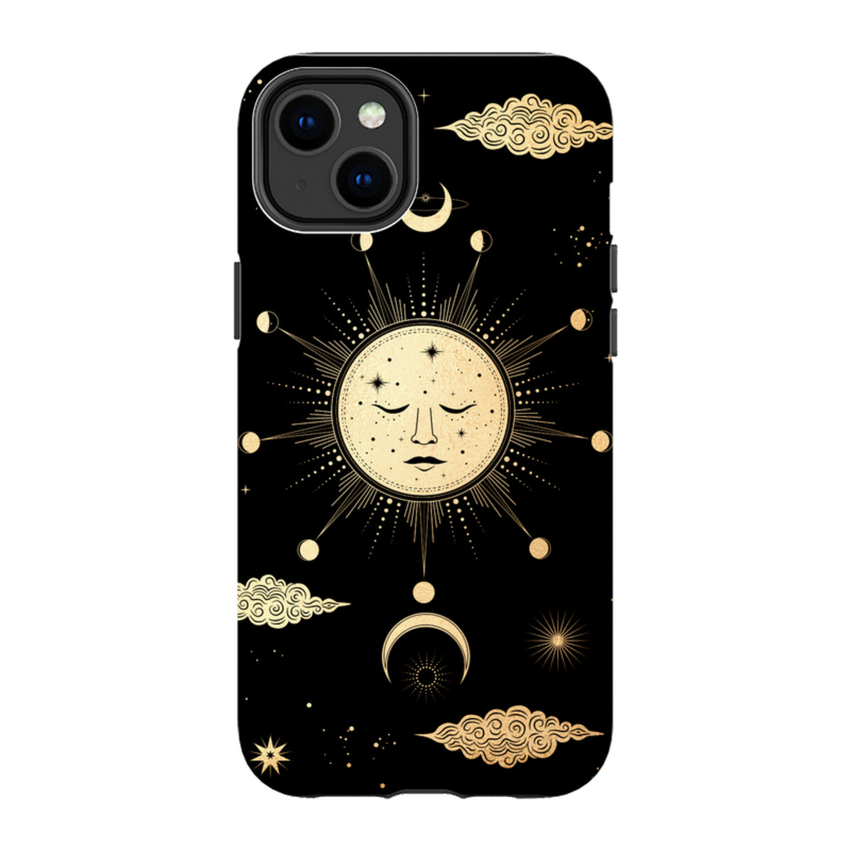 Dual-layer iPhone case with a black background featuring a gold celestial sun, moon, and cloud illustration.