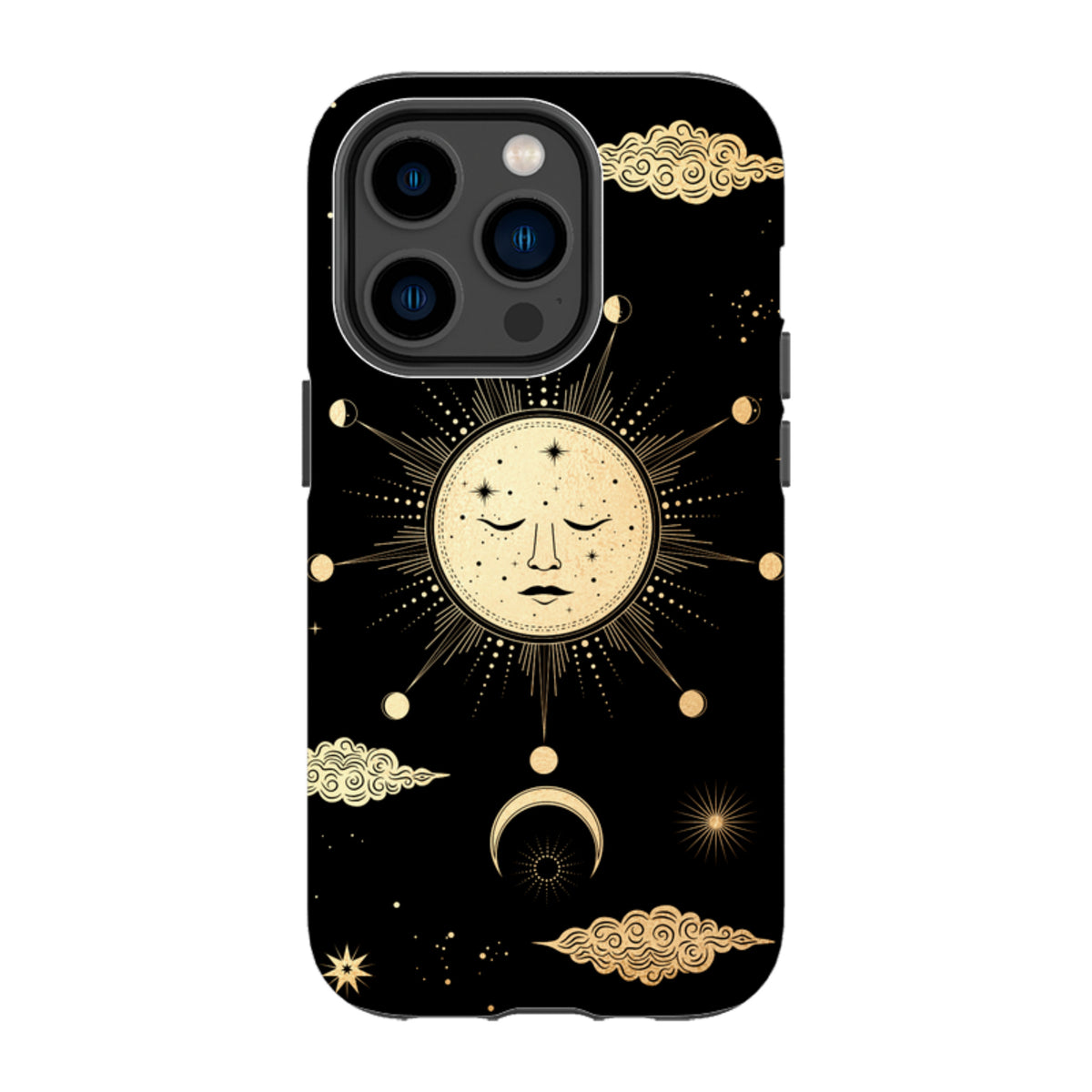 iPhone tough case with a black background, featuring a celestial gold sun, moon, and cloud design.