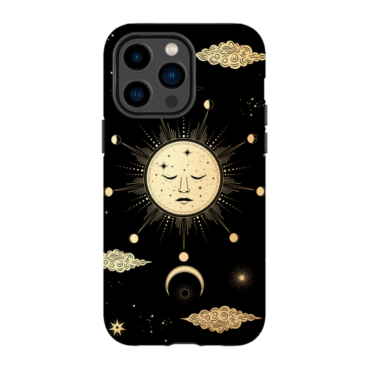 iPhone tough case with a celestial gold sun and moon design on a black background, featuring dual-layer protection.
