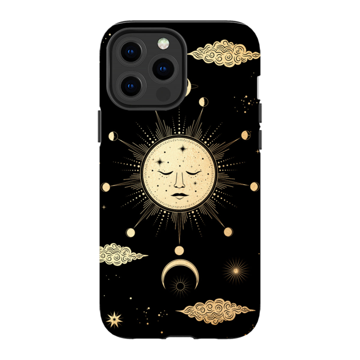 Dual-layer iPhone tough case featuring a celestial gold sun and moon design on a sleek black background.