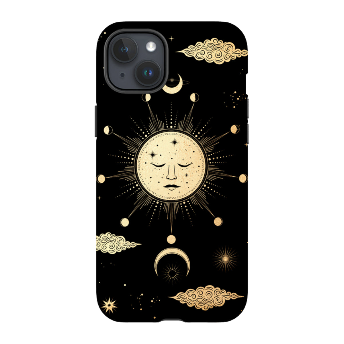 iPhone tough case featuring a gold celestial sun and moon design with clouds on a black background.
