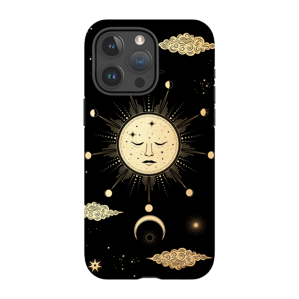 iPhone tough case with a celestial gold sun and moon design on a black background, featuring dual-layer protection.