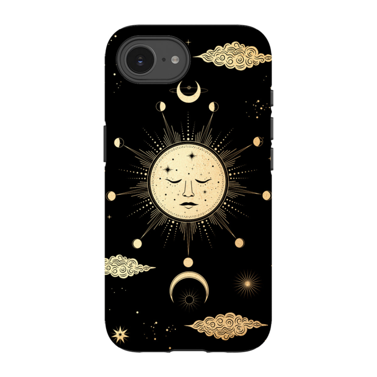 Dual-layer iPhone tough case featuring a gold celestial sun and moon design on a black background.