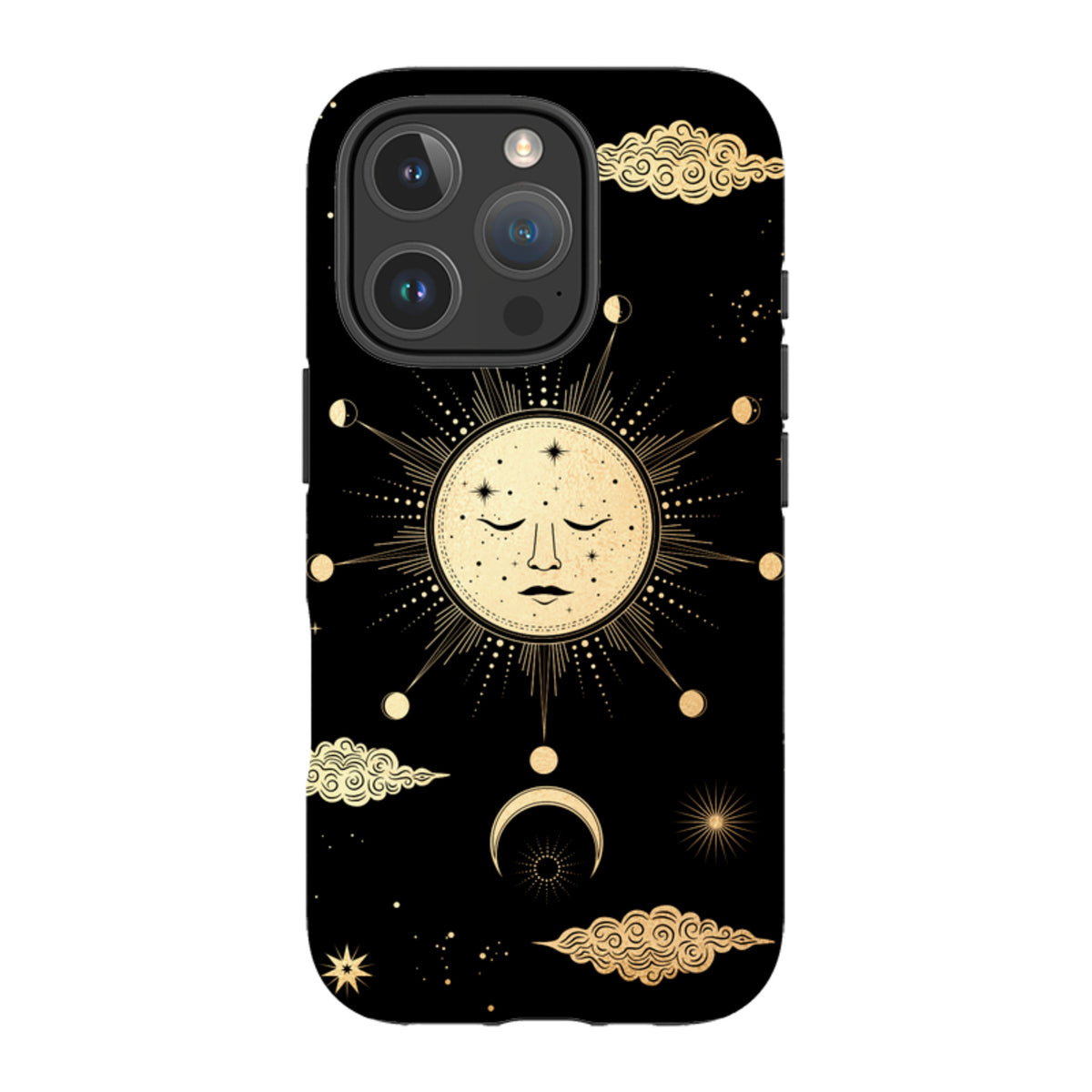 Dual-layer iPhone case with a black background and gold celestial sun, moon, and cloud illustration.