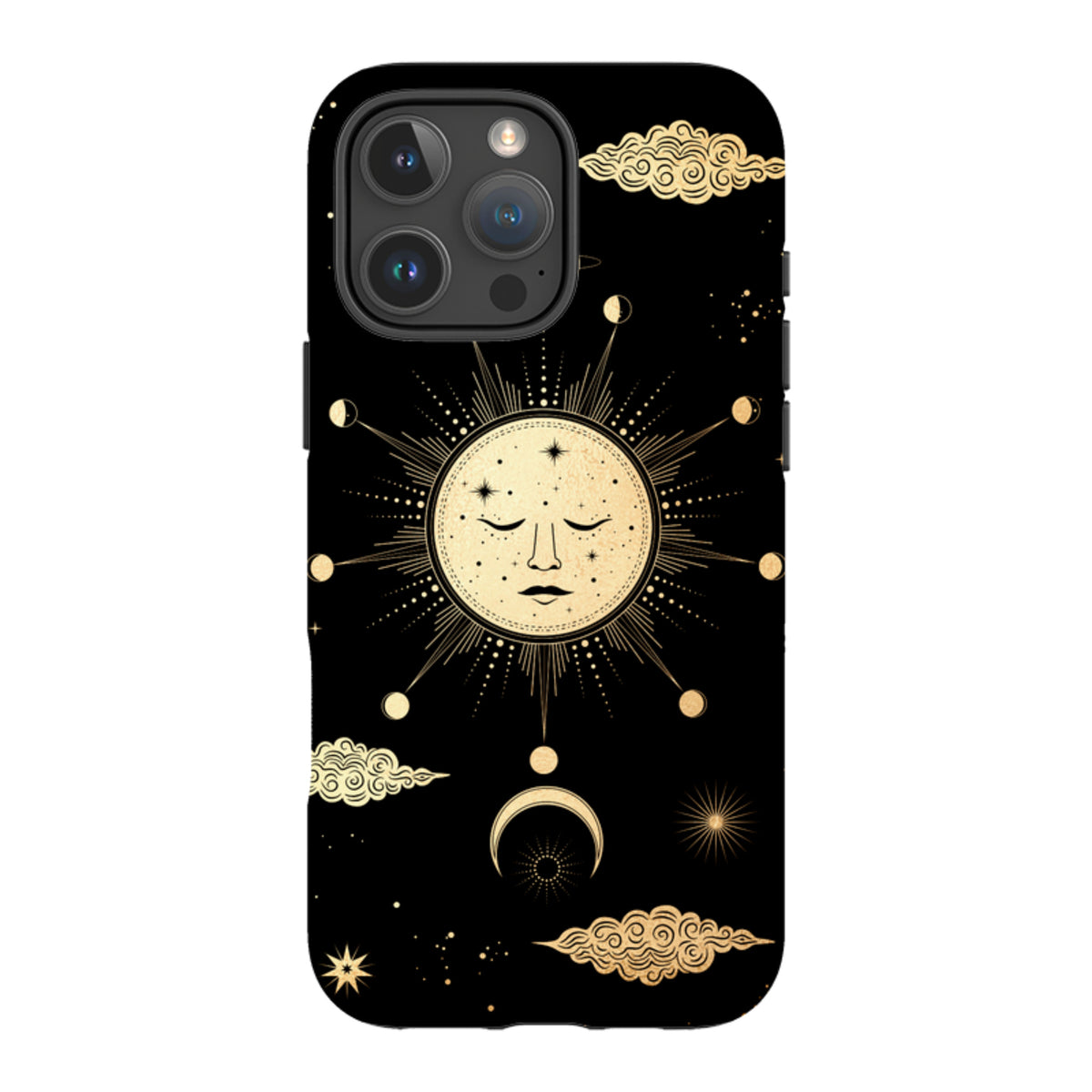 Black iPhone tough case featuring a celestial gold sun and moon design with clouds on a durable dual-layer shell.