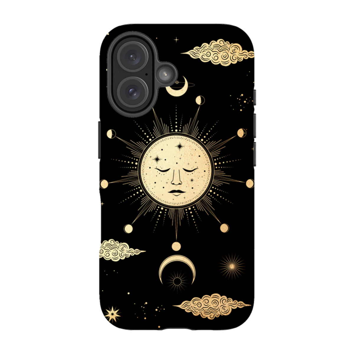 Black iPhone tough case featuring a celestial gold sun and moon design with clouds on a durable dual-layer shell.