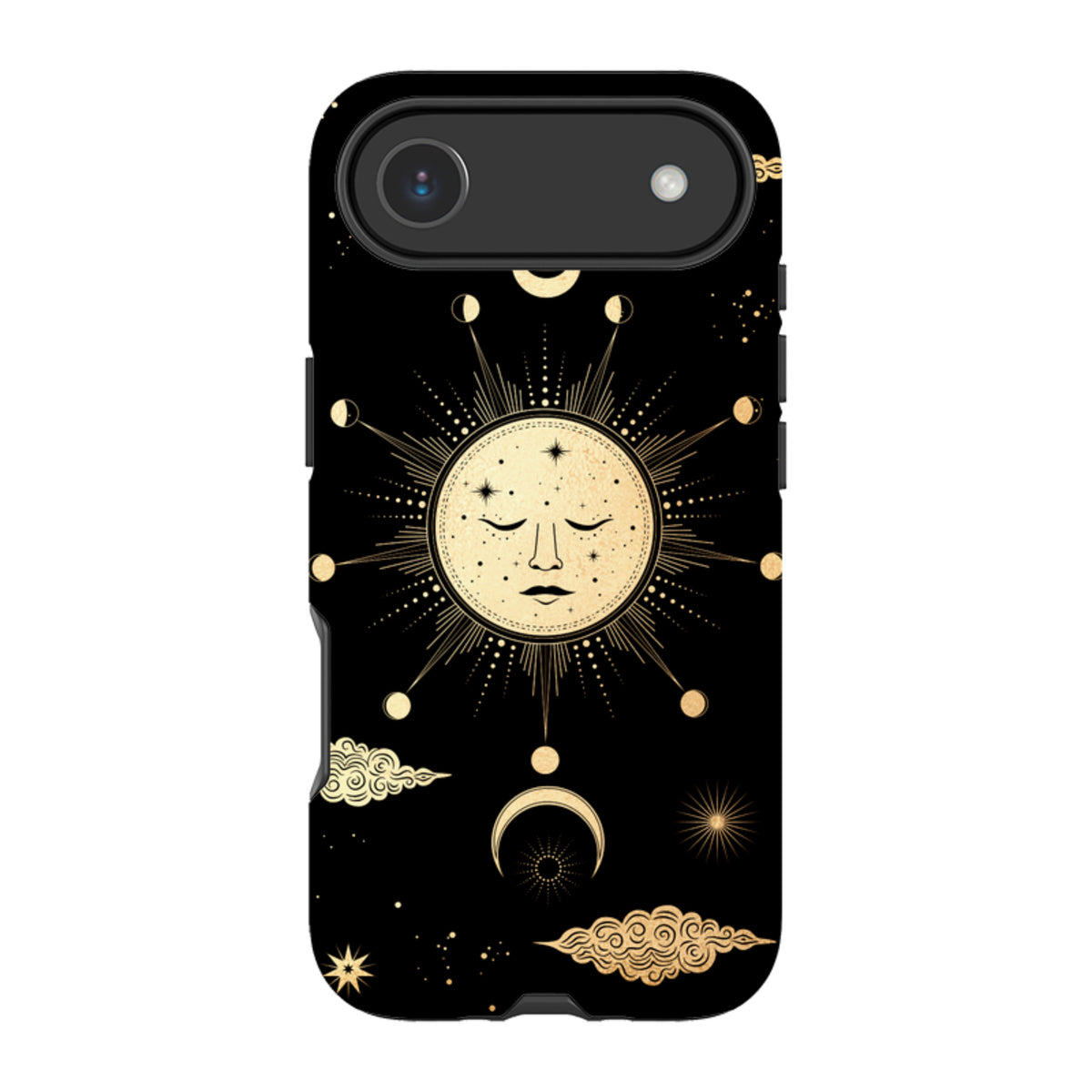 Dual-layer iPhone tough case featuring a celestial gold sun and moon design on a black background.